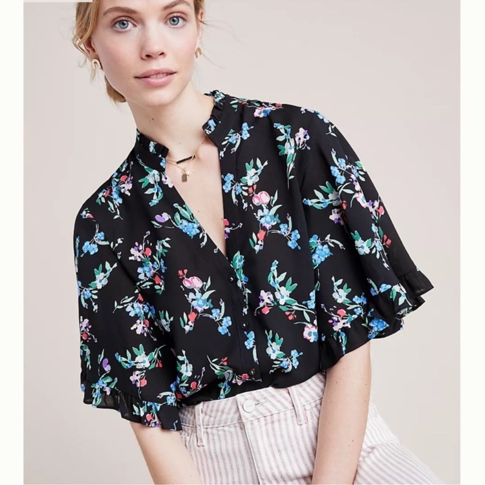 Anthropologie Black Floral Ruffle-Sleeve Blouse